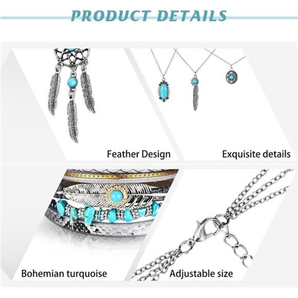 Boho Turquoise Jewelry Set – Dreamcatcher Earrings, Necklace & Bracelet Set - Picture 4 of 5